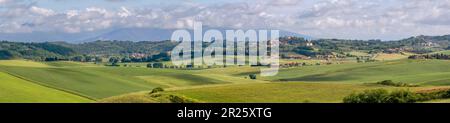 Panoramic view of the Tuscan countryside in spring in the province of Pisa, between Orciano Pisano and Lorenzana, Italy Stock Photo