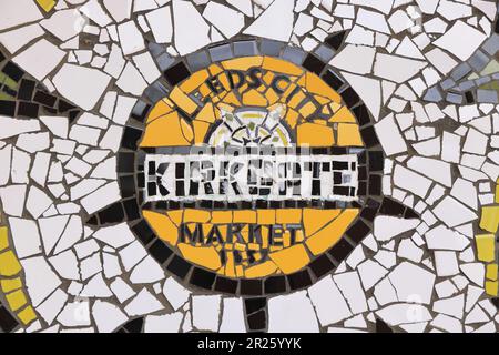 Leeds motifs outside Kirkgate City Market, in West Yorshire, UK Stock Photo