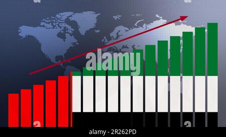 United Arab Emirates flag on bar chart concept with increasing values, economic recovery and business improving after crisis and other catastrophe as Stock Photo