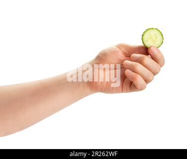sliced cucumber in hand path isolated on white Stock Photo