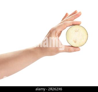 sliced eggplant in hand path isolated on white Stock Photo