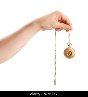 pocket watch in hand path isolated on white Stock Photo