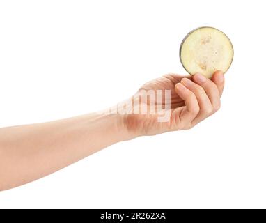 sliced eggplant in hand path isolated on white Stock Photo