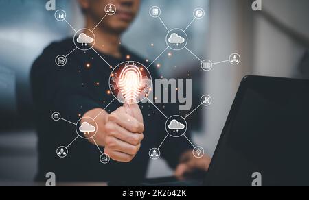 Man touching fingerprint of Cloud networking concept, touch screen with hand connection line on the White background, Cloud computing is system for sh Stock Photo