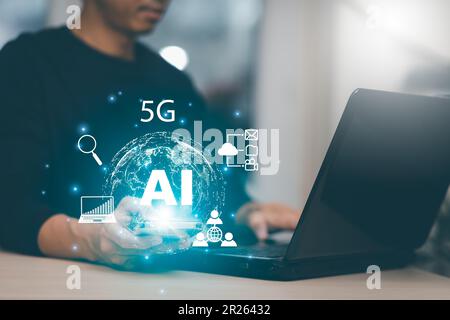 Man with tablet and notebook with Artificial Intelligence (AI),on big data network machine learning and data on the dark background, artificial intell Stock Photo