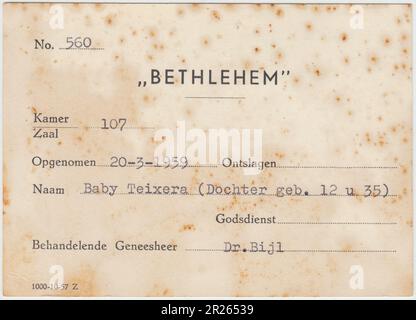 The Hague, Netherlands - March 20 1959 - Old Dutch birth card from 1959. This was given to the father by a hospital called Bethlehem as proof of a bir Stock Photo