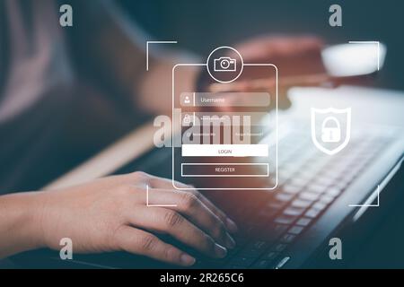 Woman hold Smartphone with virtual global with cyber security, Login, User, identification information security and encryption, secure access to users Stock Photo