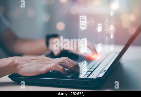 Online documentation database and document management system concept, Businessman using tablet or computer,Document Management System and Automation s Stock Photo