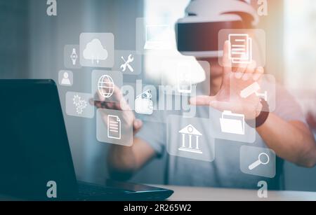 Man wearing VR glasses virtual touchscreen on the graph Screen Icon of a media screen, Technology Process System Business with Communication and marke Stock Photo