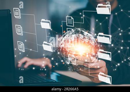 Online documentation database and document management system concept, man using smartphone with virtual global ,Document Management System and Automat Stock Photo