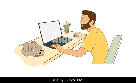 A man working at a table with a computer in home clothes, with a cactus and a cat. Vector illustration in flat cartoon style Stock Vector
