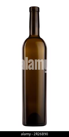 front view of tall and delicate wine bottle with brown glass and no label isolated on white background Stock Photo