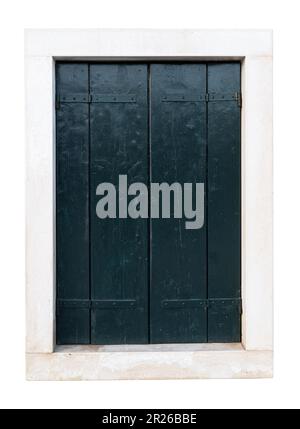 front view closeup of vintage window with stone marble frame protected with wooden dark closed exterior blinds isolated on white Stock Photo