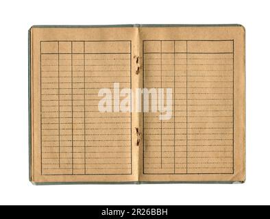 front view closeup detail of small old open notebook with vintage yellow brown paper cloth cover and empty spreadsheet accounting charts inside isolat Stock Photo