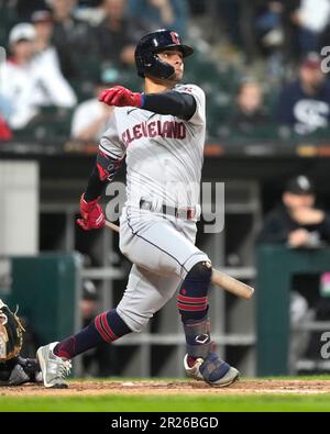 Cleveland Guardians second baseman Andres Gimenez leaps in the air in a  baseball game against the Chicago White Sox Tuesday, May 16, 2023, in  Chicago. (AP Photo/Charles Rex Arbogast Stock Photo - Alamy
