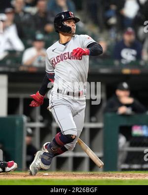 Cleveland Guardians second baseman Andres Gimenez leaps in the air in a  baseball game against the Chicago White Sox Tuesday, May 16, 2023, in  Chicago. (AP Photo/Charles Rex Arbogast Stock Photo - Alamy