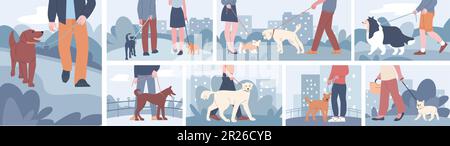 People walking with dogs in urban scenes. Owner with pets walk in city and on nature. Dog walker, outdoor time people and puppy, kicky vector concept Stock Vector