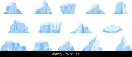 Antarctic iceberg set, arctic snow icebergs. Floating glacier, north pole mountains and rocks. Ocean glacial melting, frozen nature snugly vector set Stock Vector