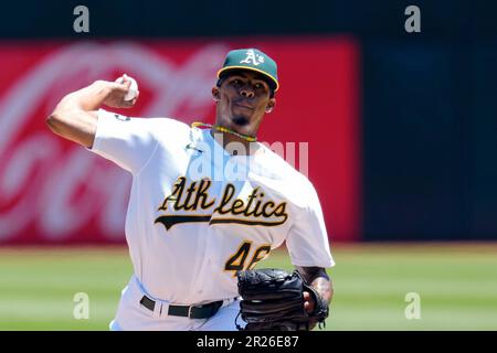 Luis Medina of the Oakland Athletics pitches against the Texas