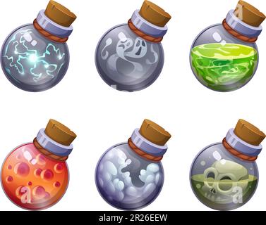 Magic venom. Transparent glass fairytale alchemy elixir bottles exact vector cartoon mystery game assets in cartoon style Stock Vector