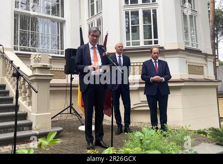 Riga, Latvia. 17th May, 2023. Christian Heldt (l-r), German Ambassador to Latvia, speaks alongside Krisjanis Karins, Prime Minister of Latvia, and Alexander Graf Lambsdorff (FDP), Chairman of the German-Baltic Parliamentary Group in the Bundestag. Credit: Alexander Welscher/dpa/Alamy Live News Stock Photo