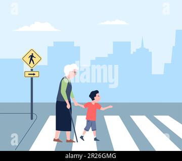children helping the elderly cross the road