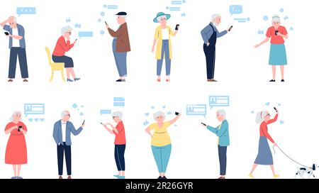 Seniors using smartphones. Modern elderly communicated with gadgets, chatting and scrolling. Grandparents flat characters, recent vector set Stock Vector
