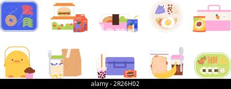 Children lunch box, snack set. Backpack food, sandwich bread, fruits and drinks. Kindergarden or school breakfast, take away meals racy vector set Stock Vector