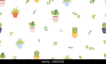 Natural plants in pots seamless pattern. Greenhouse elements, home garden and planting. Grass and greenery, gardening vector print design Stock Vector