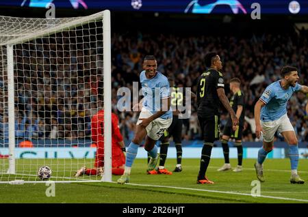 Manchester City's Manuel Akanji celebrates the own goal of Real Madrid's Gabriel Eder Militao during the UEFA Champions League semi-final second leg match at Etihad Stadium, Manchester. Picture date: Wednesday May 17, 2023. Stock Photo