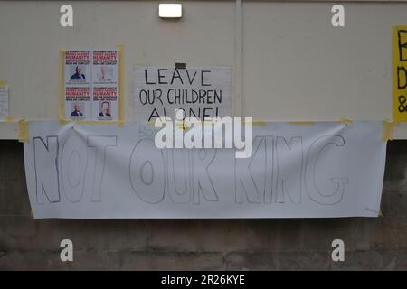 Downing street, London, United Kingdom. 17th May, 2023. Demonstrators sit for weeks display massive 'Not to War' banners and injured vaccines in London, United Kingdom opposite Downing Street. Credit: See Li/Picture Capital/Alamy Live News Stock Photo
