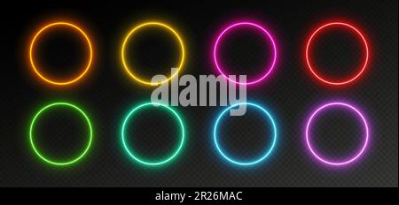 Neon circle frames, glowing round borders set, vibrant glowing rings. Stock Vector