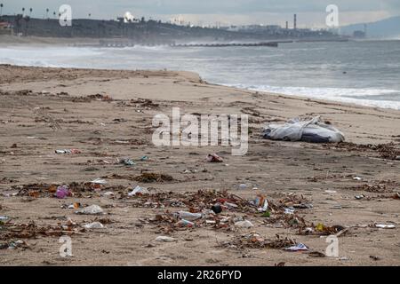 Trash along Playa Del Rey beach, Los Angeles, California, USA Stock Photo