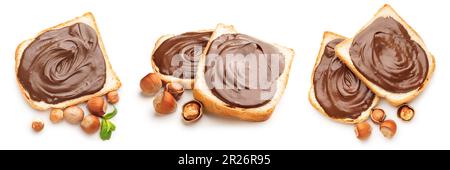 Set of bread slices with chocolate paste and hazelnuts on white background Stock Photo