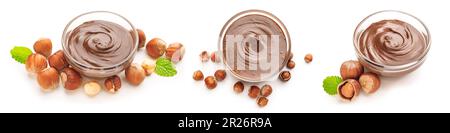 Set of tasty chocolate paste with hazelnuts on white background Stock Photo