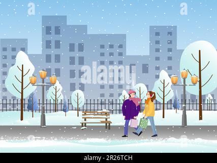The girls are walking in the city park. Urban landscape. Lanterns and a bench, urban high-rise buildings.  Stock Vector
