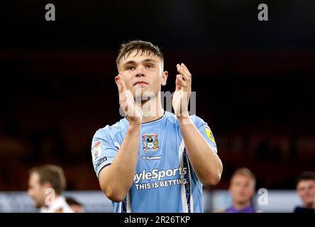 Coventry City's Callum Doyle applauds the fans following the Sky Bet Championship play-off semi-final second leg match at Riverside Stadium, Middlesbrough. Picture date: Wednesday May 17, 2023. Stock Photo