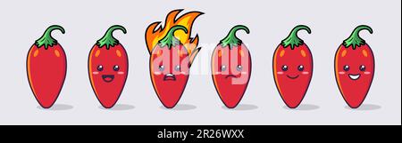 Vector Cartoon Cute and Funny Red Hot Chili Pepper Icon Set. Kawaii Style. Fresh Chili Hot Pepper with Different Emotions. Design Template for Stock Vector