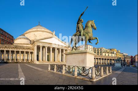 Neaples - The Basilica Reale Pontificia San Francesco da Paola and monument to Charles VII of Naples  - Piazza del Plebiscito square. Stock Photo