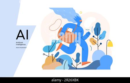 Artificial intelligence, Ecology -modern flat vector concept illustration of AI effectively managing responsible consumption and recycling. Metaphor o Stock Vector