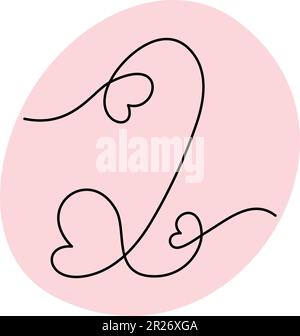 Number 2 handwritten in one continuous line with hearts against a background of trendy pink. Sticker. icon. Isolate. Design for lettering, inscription or banner, poster, brochures, greeting or cards Stock Vector