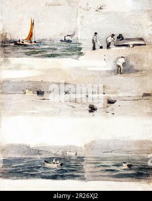 Sketches of Marine Scenes (recto); Two Sketches: Beside Stormy Coast, Cloudy Seascape painting in high resolution by Eacute;douard Manet. Original fro Stock Photo