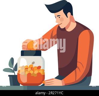 One person holding organic fruit jar over white Stock Vector