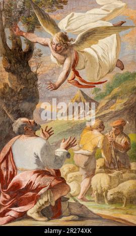 NAPLES, ITALY - APRIL 20, 2023: The fresco of Revelation of angel to shepherds in church Basilica di Santa Maria degli Angeli a Pizzofalcone Stock Photo
