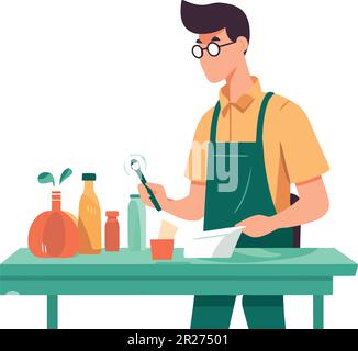 One person working on a wooden table over white Stock Vector