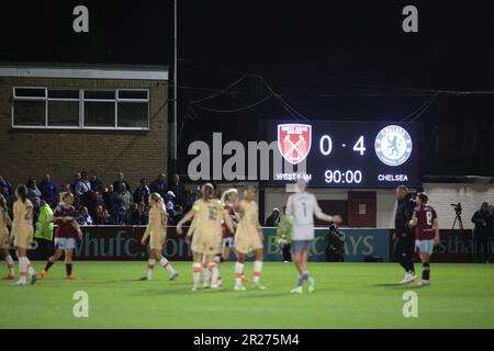 London, UK. 17th May, 2023. The scoreboard shows the final score during the FA Women's Super League match between West Ham and Chelsea at the Chigwell Construction Stadium in London, England. (Alexander Canillas/SPP) Credit: SPP Sport Press Photo. /Alamy Live News Stock Photo