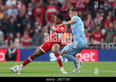 Chuba Akpom of Middlesbrough in action with Coventry City's Callum Doyle during the Sky Bet Championship Play Off Semi Final 2nd Leg between Middlesbrough and Coventry City at the Riverside Stadium, Middlesbrough on Wednesday 17th May 2023. (Photo: Mark Fletcher | MI News) Credit: MI News & Sport /Alamy Live News Stock Photo