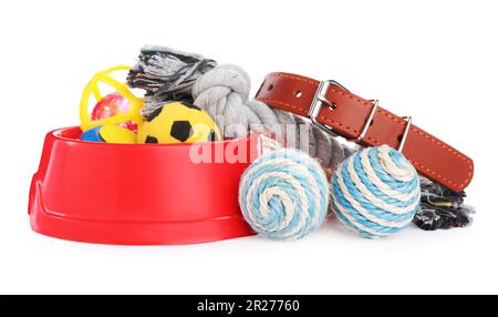 Different pet toys and accessories isolated on white Stock Photo