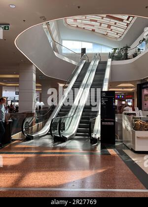 Warsaw, Poland - July 18, 2022: Shopping mall Westfield Arkadia with modern escalators Stock Photo