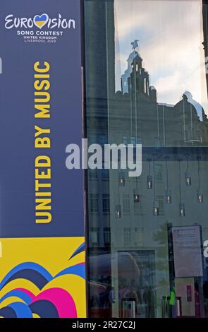 Eurovision - United by Music, with Pierhead Liver Building reflected in a window, Eurovision2023, fanzone, Liverpool, Merseyside, L3 4AF Stock Photo